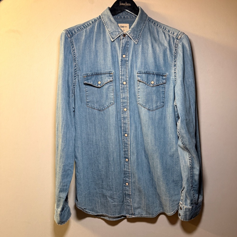 Gap 1969 Denim Western Shirt Mens L Pearl Snap Slim Fit Blue Cotton Americana